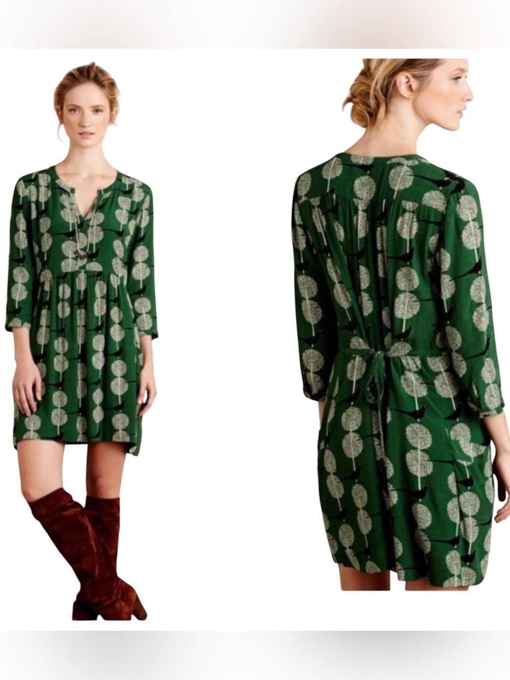 Anthropologie Maeve Devery Green Peacock Contemporary Bird Garden Mini Dress XS